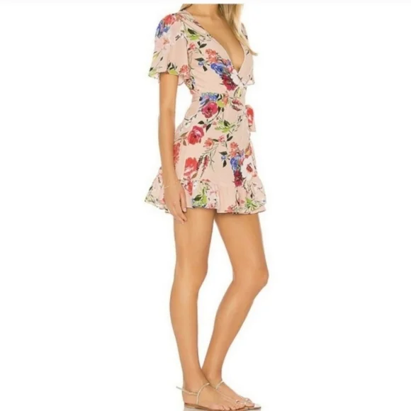 Privacy Please Finlay Mini Dress in Nude Amy Floral Size M Wrap Flounce Feminine - Picture 3 of 8